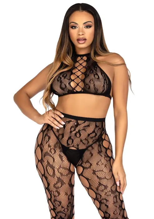 Crop Top & Crotchless Tights Set – Black – One Size