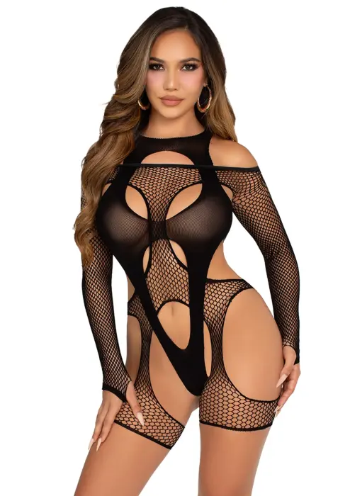 Fishnet Garter Harness and Teddy – Black – One Size