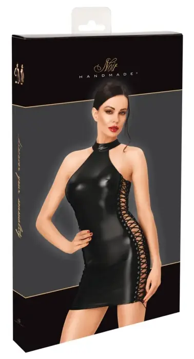 Noir Handmade – cold-shoulder halterneck powerwetlook mini dress with side lacing – black – L