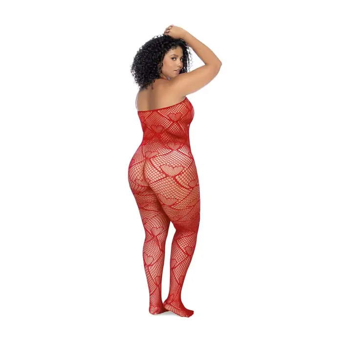 Heart Fishnet Bodysuit with Rhinestone Detail – Queen Size – Red