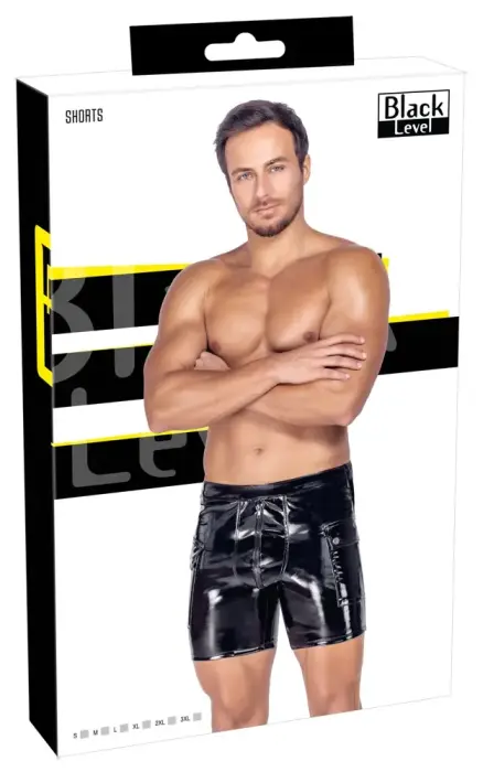 Black Level Men's Vinyl Shorts with Padded Pouch and Zip – L