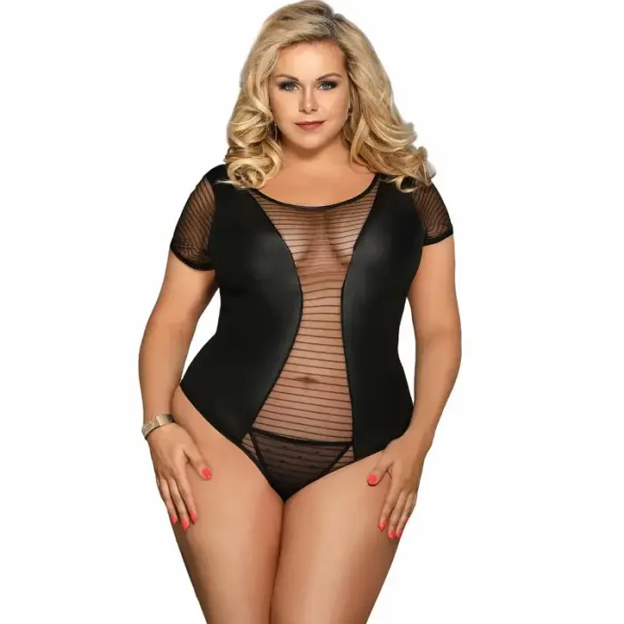 Subblime Queen Plus Black Fetish Short Sleeve Lace Teddy Bodysuit – Queen Size – Black