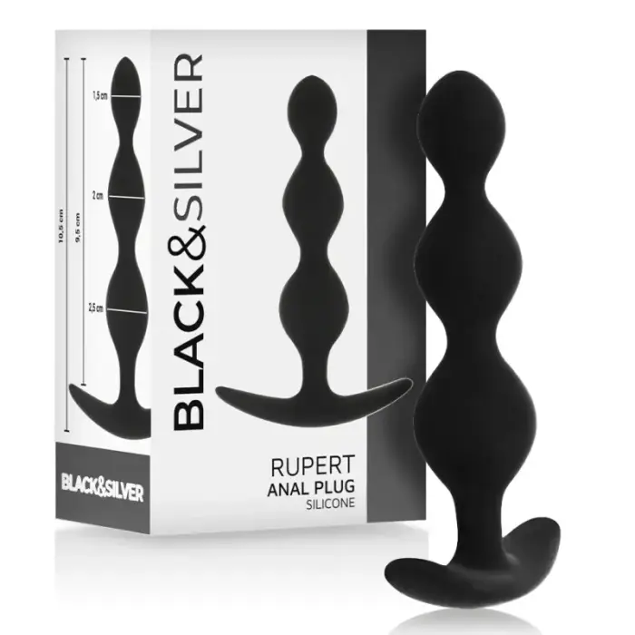 Black&Silver Rupert elastīga silikona anālo bumbiņu ķēde – 10.5 cm – Melns