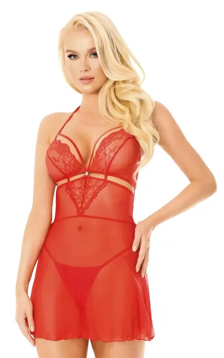 Melania - Red Mesh Babydoll with Straps and Panty – M/L Photo