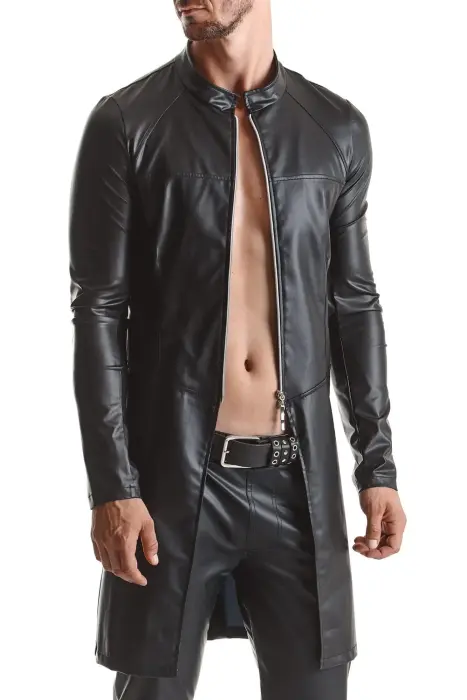 RMMario001 Wetlook пальто с серебристой молнией и красными акцентами – чёрное – L