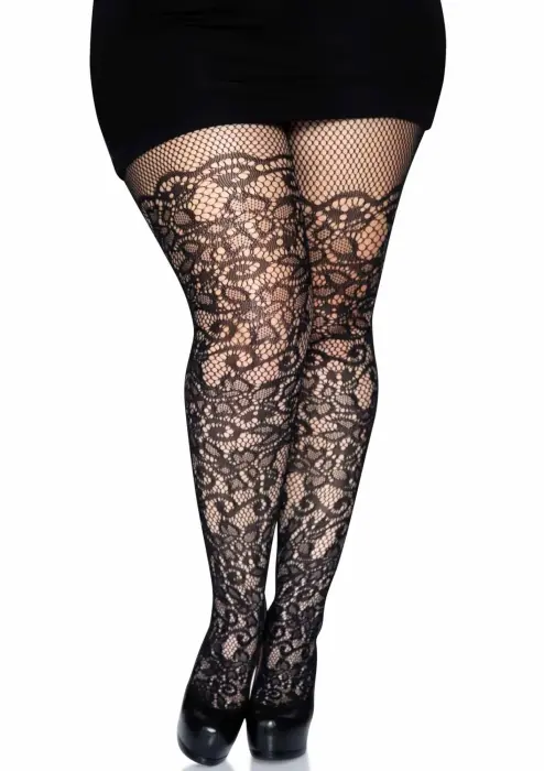 Leg Avenue Plus Floral Vine Net Pantyhose – Black – Plus size