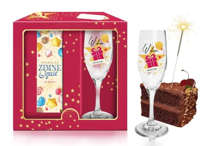 Urodzinowa Stars Magenta Birthday Gift Set – Champagne Glass and Sparklers