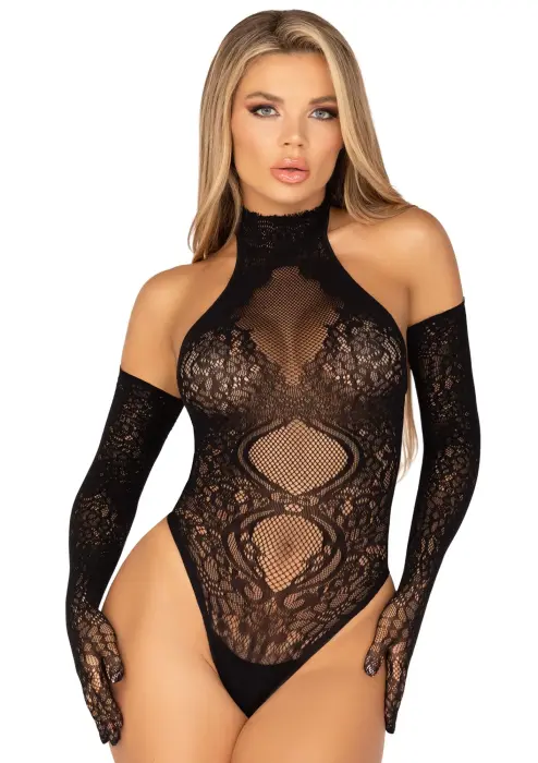 Lace Halter Teddy and Long Gloves Set – Black – One Size