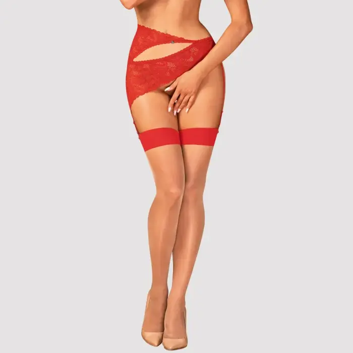 Obsessive S814 Stockings – Beige/Red – L/XL