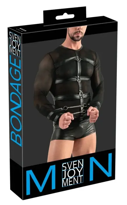 Svenjoyment Bondage – men's long sleeve powernet shirt with harness and cuffs – black – M