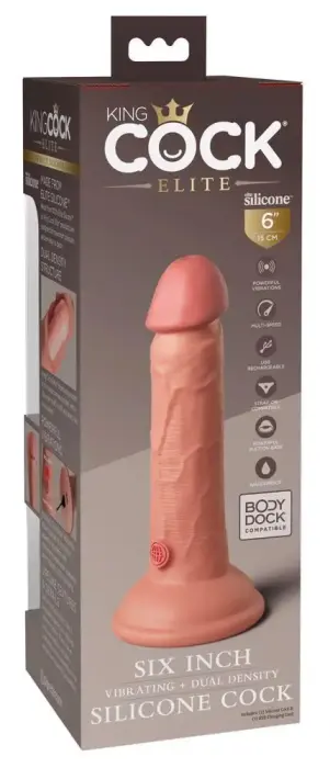 King Cock Elite – uzlādējams divu blīvumu vibrējošs dildo – gaišs – 6" (17,8 cm)