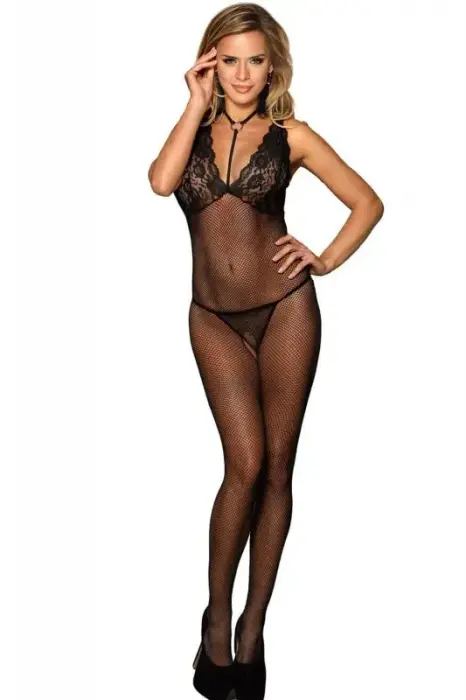 Paris Hollywood H3249 catsuit с кружевным вырезом и чокером – чёрное – One Size