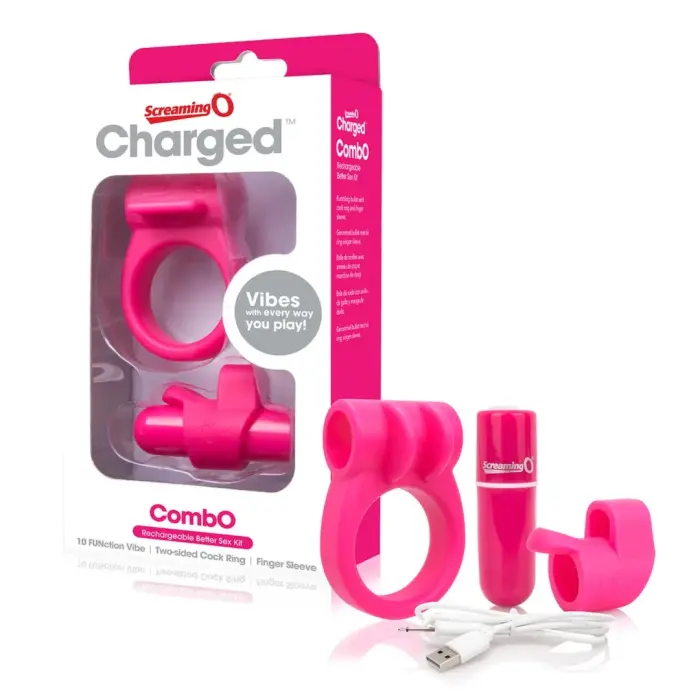The Screaming O Charged CombO Kit #1 – rechargeable bullet, ring & finger sleeve – pink
