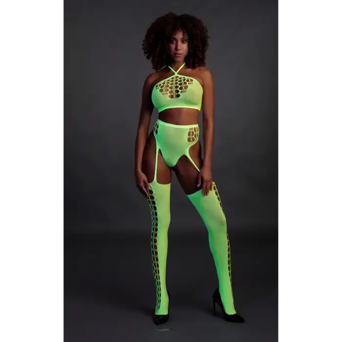 Two Piece Set with Crop Top and Stockings – Neon Green – One Size Photo