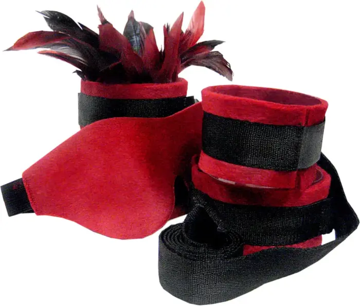 Sportsheets red sensual restraint set – cuffs, connector, blindfold & feather