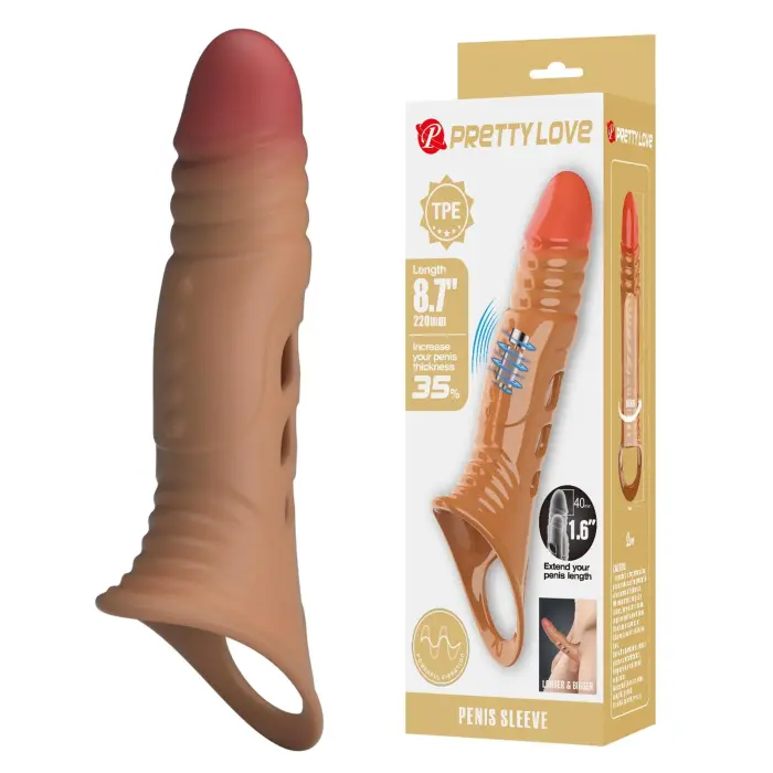 Pretty Love Realistic Vibrating Penis Sleeve Extender with Scrotum Strap – 22 cm