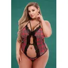 Teacher's Pet Schoolgirl Peek-A-Boo Teddy – клетчатое кружевное тедди с открытым передом – красный – Queen Size — Фото 2