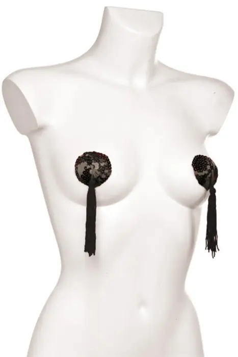 Apaļi krūšu uzlīmju komplekti ar mirdzumu un pomponiem – melni – Viens izmērs Foto 4