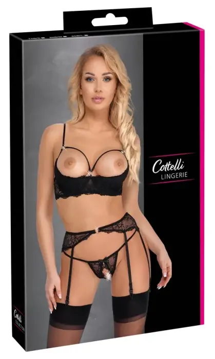 Cottelli Lingerie 3-Piece Black Lace Set 85B/L with Shimmery Details