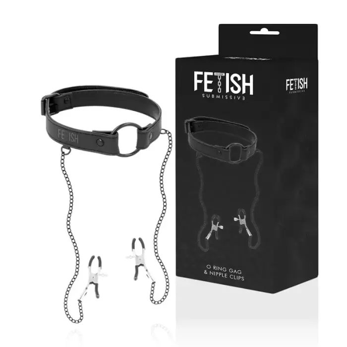 Fetish Submissive кляп с O-кольцом из искусственной кожи и регулируемыми зажимами для сосков – чёрный