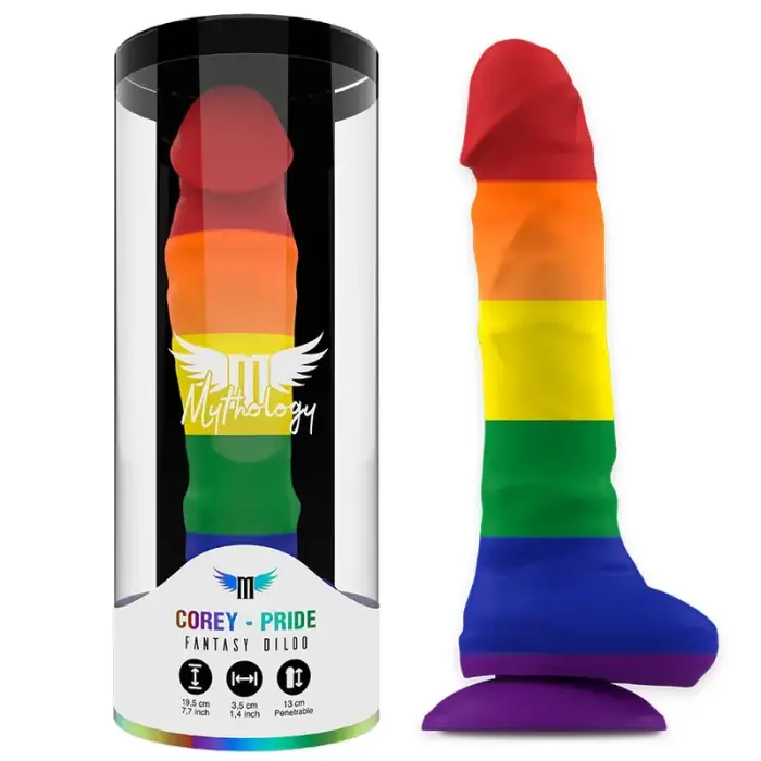 Mythology Corey Pride – šķidrā silikona fantāzijas dildo ar piesūcekni – varavīksnes – L