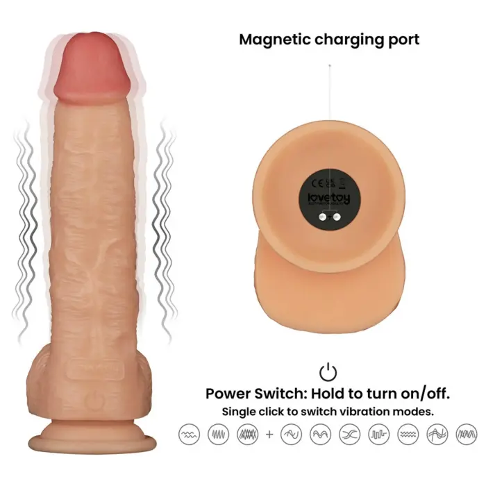 LoveToy Power Basics Cock – rechargeable vibrating realistic dildo with suction cup – 24 cm (9.5 inch)