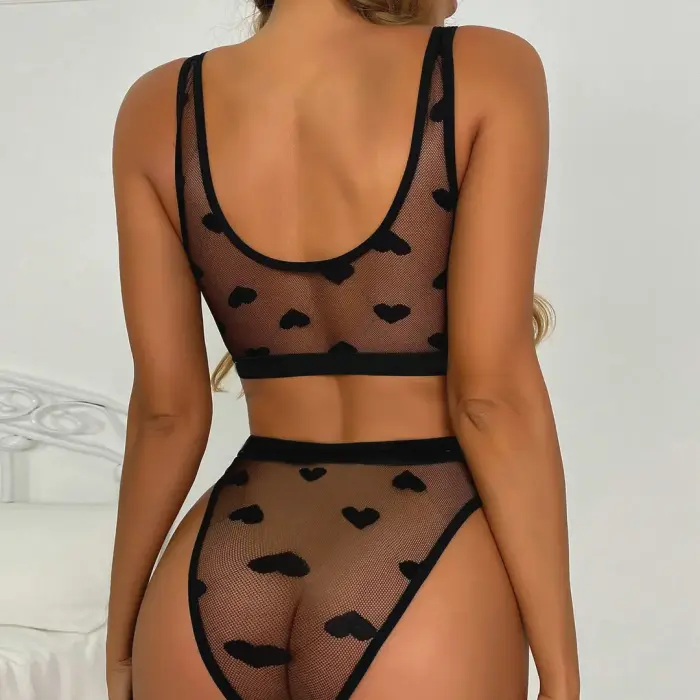 Sheer Lace Heart Two Piece Set – S – Black