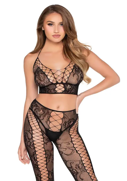 Lace Crop Top and Tights Set – Black – One Size