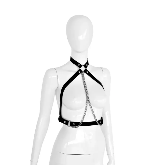 Leather Collar Chest Top with Silver Chains – Black