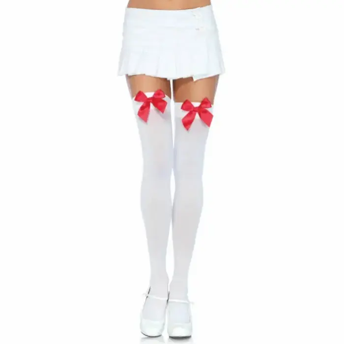 Leg Avenue nylon thigh highs with bow – white/red – one size