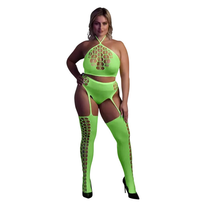 Two Piece Crop Top and Stockings Set – Neon Green – Plus Size Photo