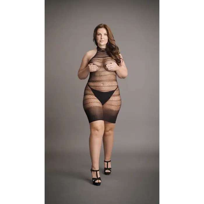 Augsta kakla tīkliņa mini kleita ar mežģīnēm – Plus size Foto 12