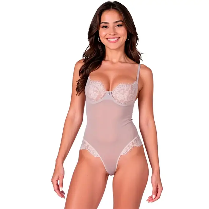 PASSION ZOVEL Bodysuit Light Grey S/M – Sheer Mesh & Lace Elegance
