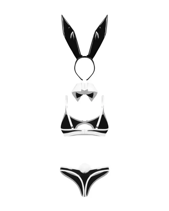 Night Bunny – 4-piece leather-look bunny costume – black/white – L/XL
