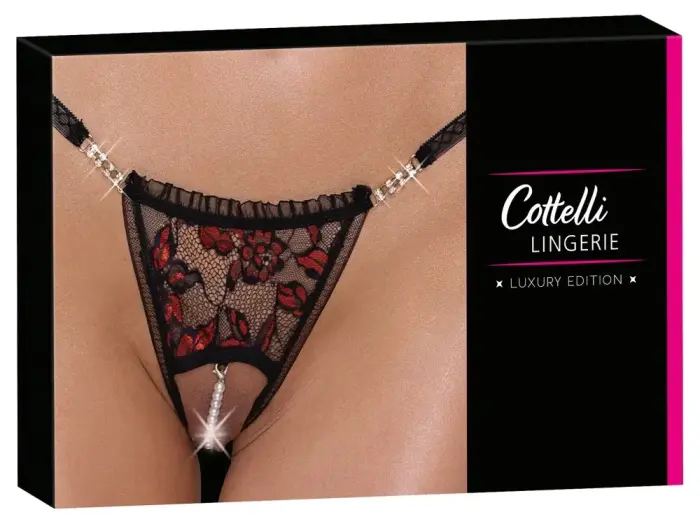 Cottelli Lingerie Lace String with Removable Pearl Chain – Black/Pink – M/L