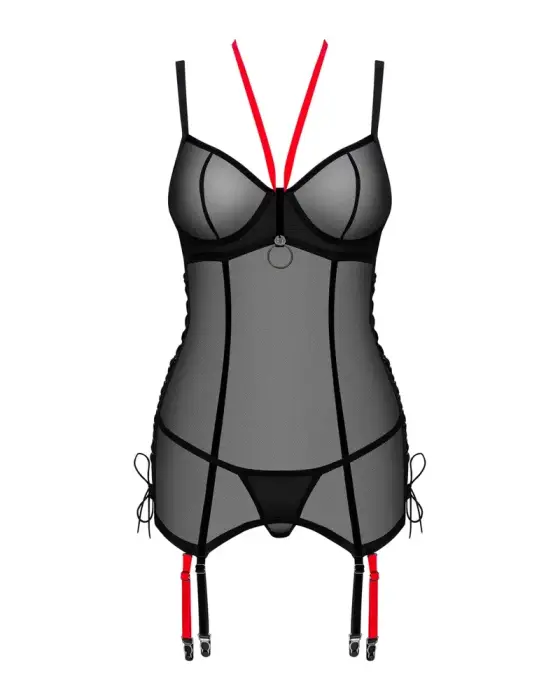 OBS korsetes komplekts ar kakla siksniņām, gredzena detaļu un zeķturiem – melns – XL/2XL Foto 3