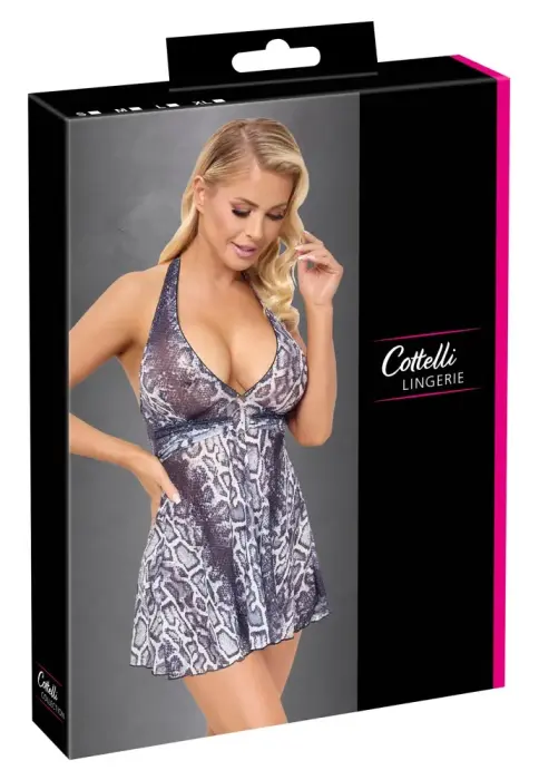 Cottelli LINGERIE čūskādas raksta caurspīdīga kleita ar kakla siksniņām un gredzenu – melna