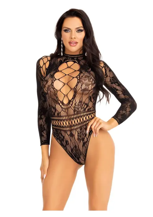 High Neck Lace and Mesh Bodysuit – Black – One Size