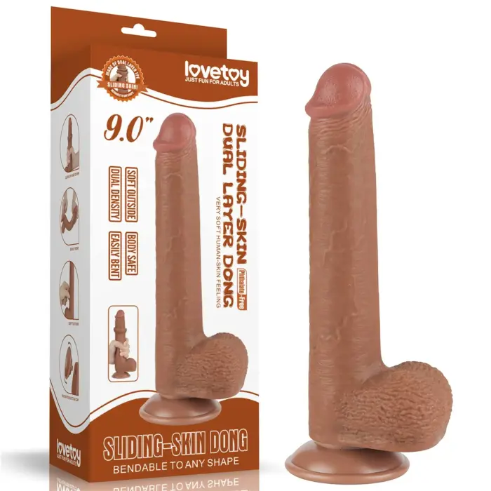 Slīdošas ādas divslāņu dildo – 23 cm (9″) – Brūns