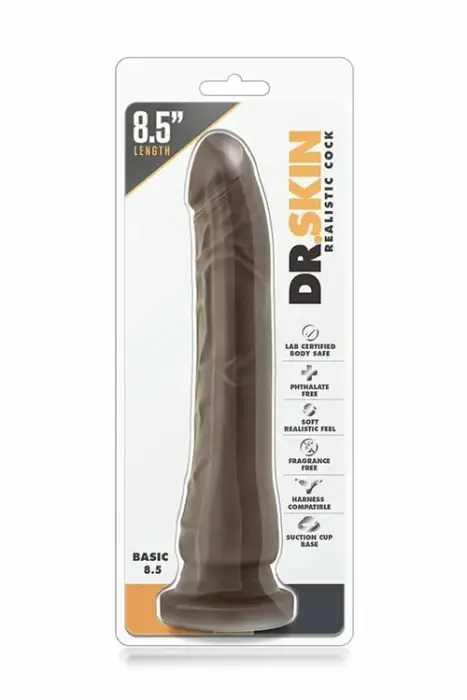 DR. SKIN Basic 8.5 – anatominis PVC dildo su siurbtuku – šokolado – 21,5 cm