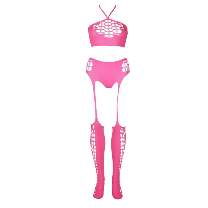 Two Piece Crop Top and Stockings Set – Neon Pink – Plus Size Photo