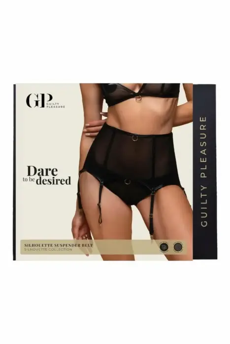 Guilty Pleasure Silhouette Suspender Belt – kõrge vöökohaga poolläbipaistev võrk-sukkpael kuldklambrite ja dekoratiivrõngaga – must – Suurus: L/XL
