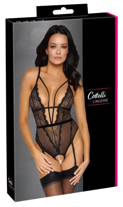 Cottelli LINGERIE Lace and Mesh Bodysuit with Pearl Chain – Black – S