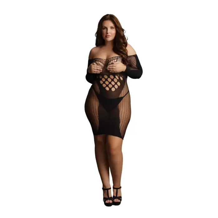 Mini kleita ar tīkliņu un kontrastu, garām piedurknēm – Plus size Foto 15