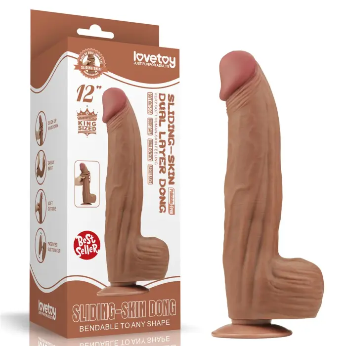LoveToy King Sized Sliding Skin Dual Layer Dong – realistic dildo – TPE – brown – 30.5 cm