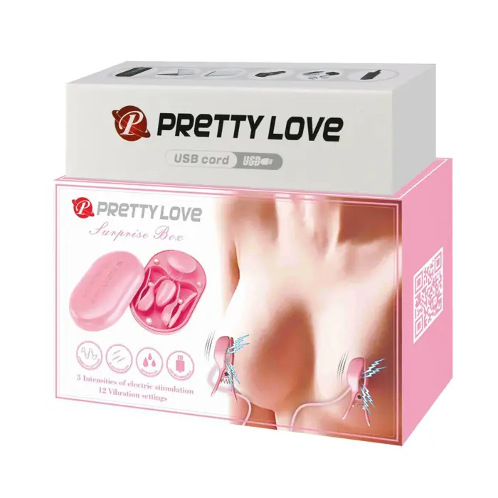 Pretty Love Surprise Box – vibrating e-stim nipple clamps – pink