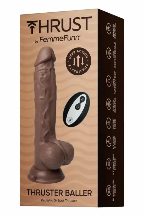 FemmeFunn Thruster Baller – фрикционный вибратор, LIQUISILK™ – пульт ДУ – коричневый – 22,3 см