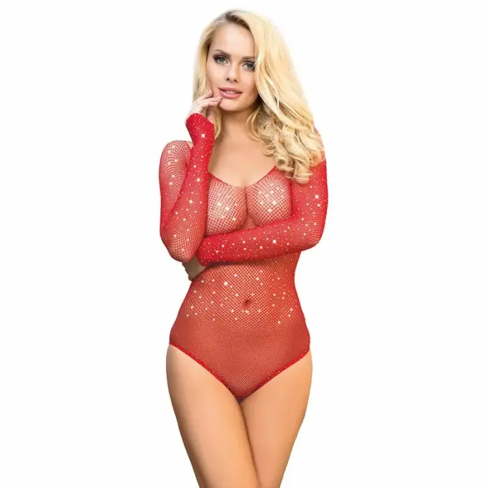 Subblime 952303 Shiny Red Mesh Bodysuit Off-Shoulder – One Size