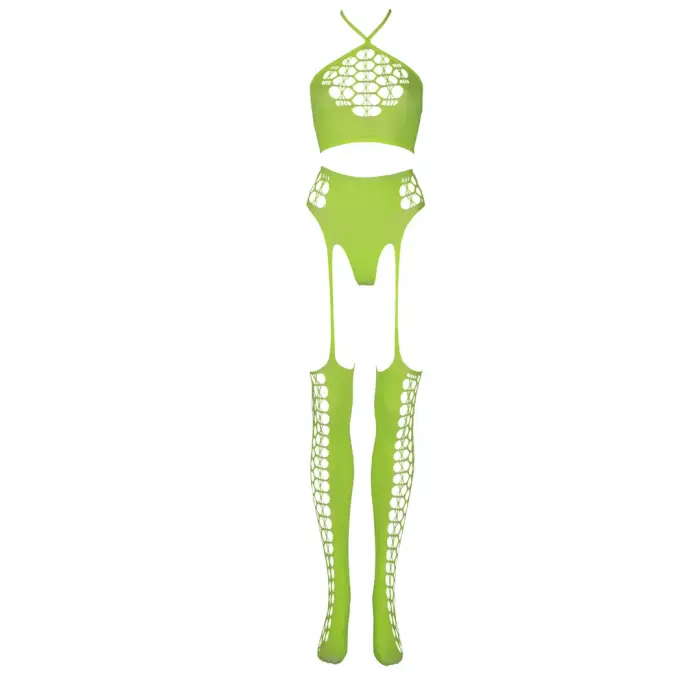 Two Piece Set with Crop Top and Stockings – Neon Green – One Size Photo