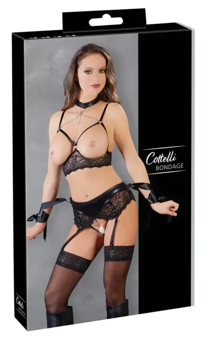 Cottelli Collection Bra Set Bondage XL with Chains and Satin Ribbons – Black – XL